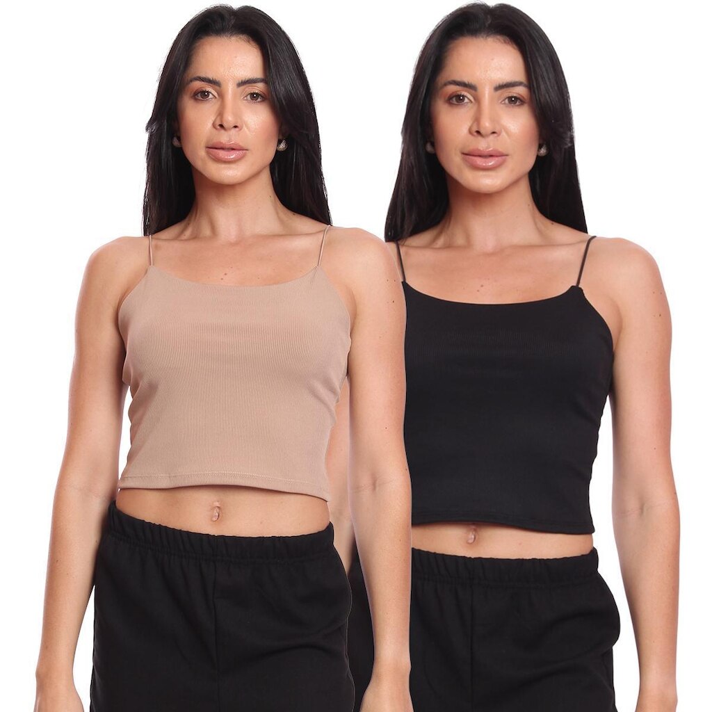 Kit 2 Cropped Alcinha Feminino Canelado Ribana Sem Bojo Básico Casual