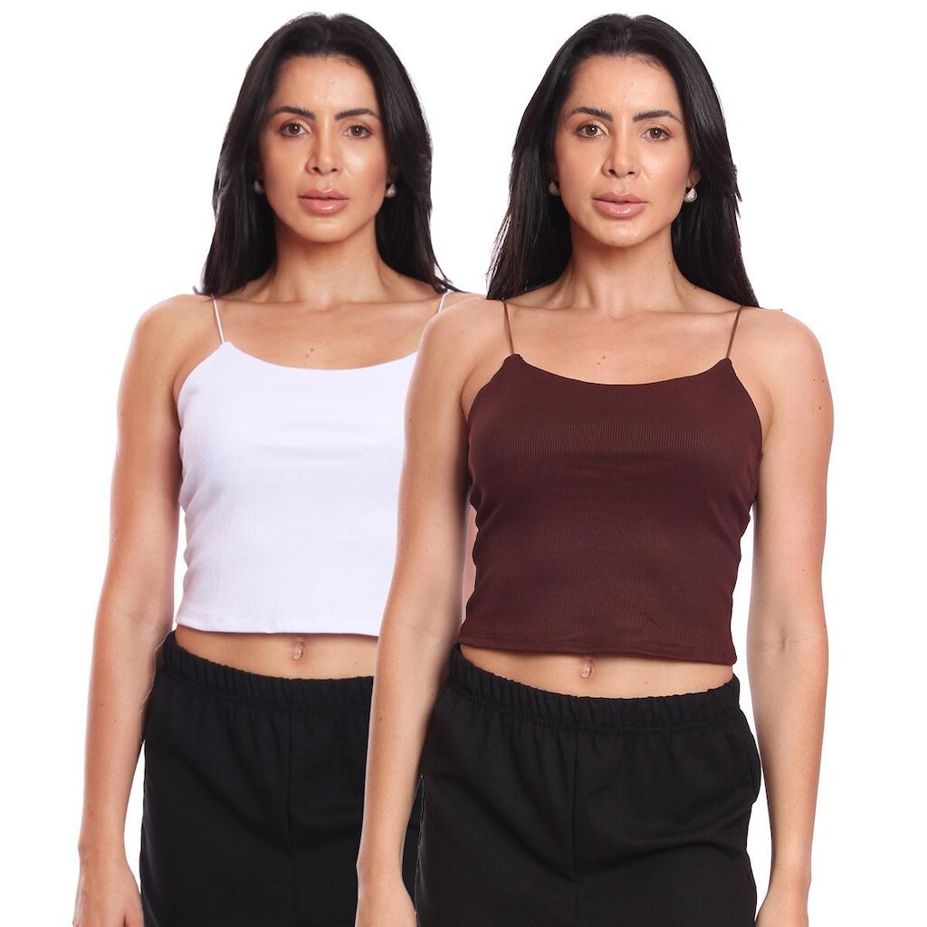 Kit 2 Cropped Alcinha Feminino Canelado Ribana Sem Bojo Básico Casual