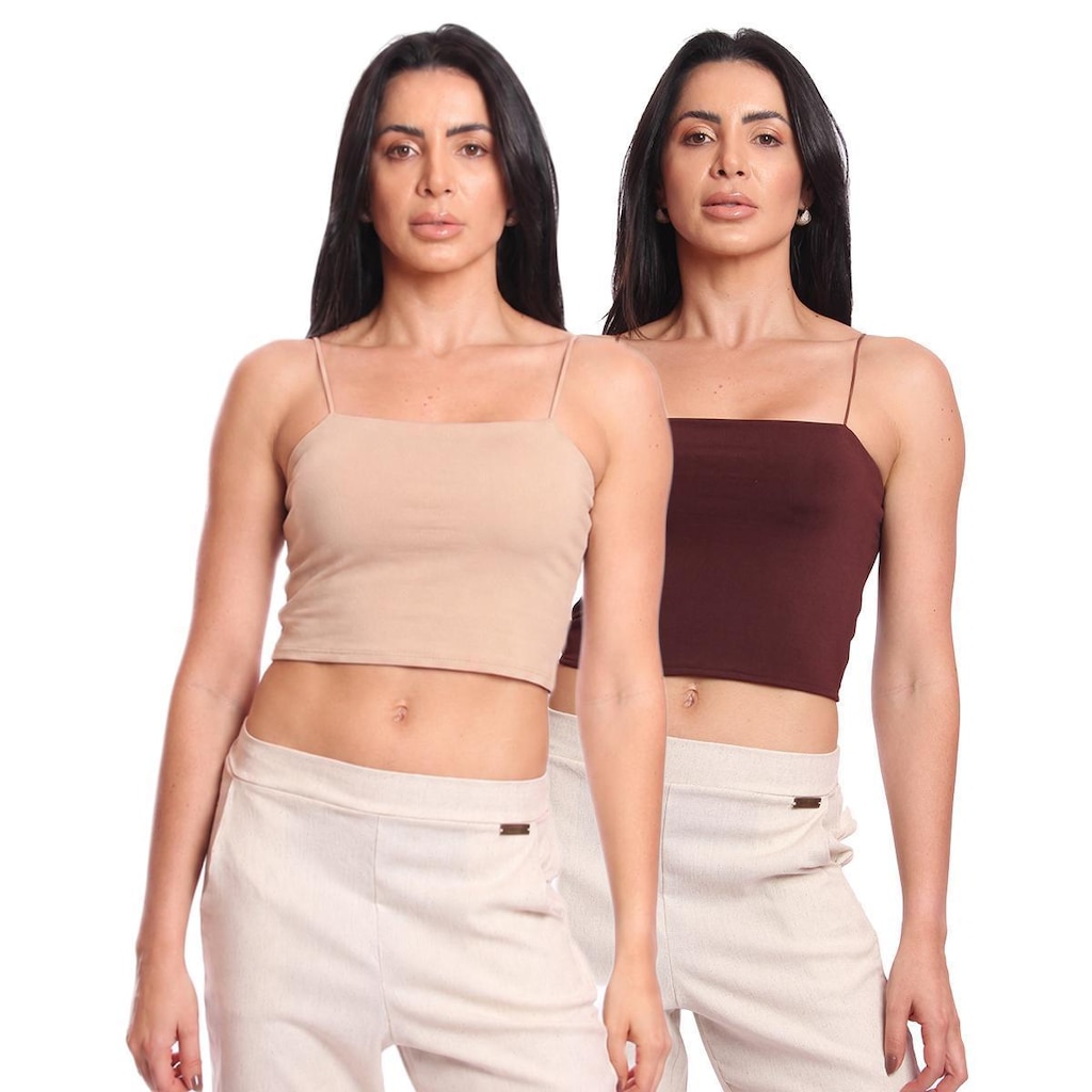 Kit 2 Cropped Top Feminino Alcinha com Elástico Suplex Liso Básico Casual
