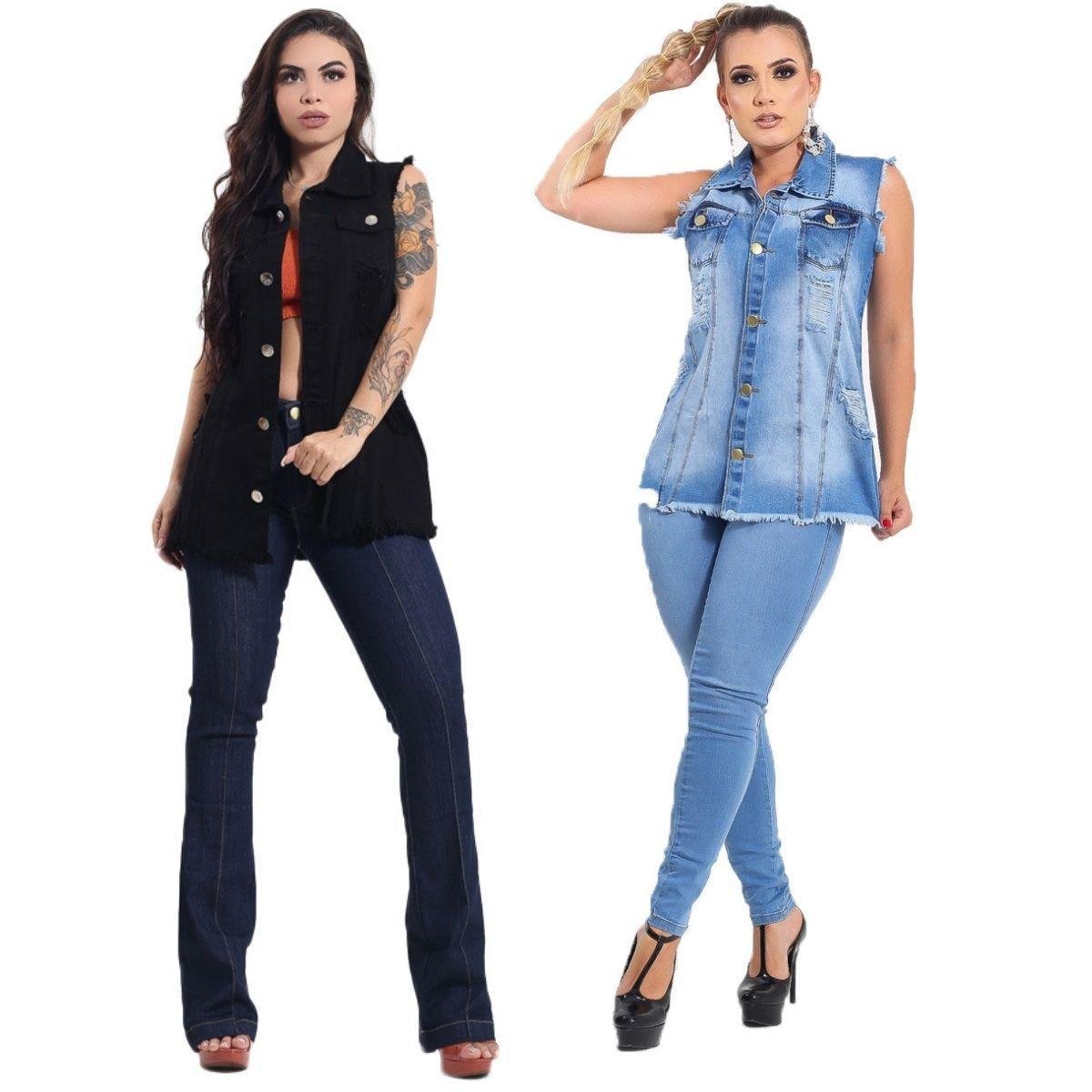 Kit 2 Max Colete Jeans Feminino 100% Algodão Longo Preto e Azul Claro 4 - Preto Menor preço em Kit 2 Max Colete Jeans Feminino 100% Algodão Longo Preto e Azul Claro 4 - Preto
