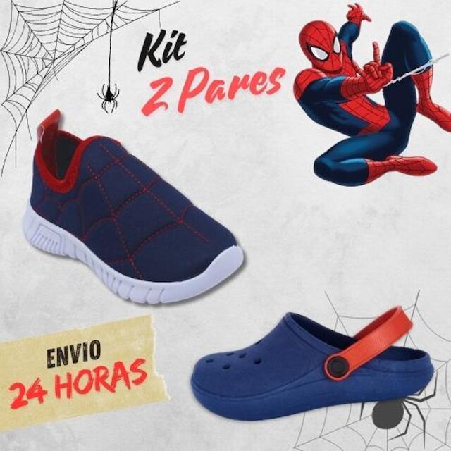 Kit 2 Pares Babuche Tênis Calce Fácil Infantil Menino Aranha Confortável Escolar Volta as Aulas