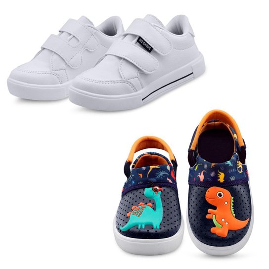 Kit 2 Pares De Tênis Infantil Menino Escolar Preto E Sandália Babuche Dino Mzkid