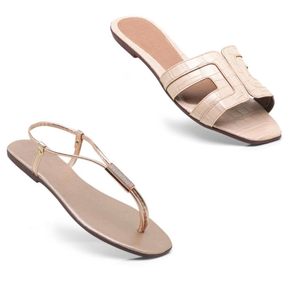 Kit 2 Pares Sandálias Rasteira Feminina Lisa Croco Casual - Cobre Menor preço em Kit 2 Pares Sandálias Rasteira Feminina Lisa Croco Casual - Cobre