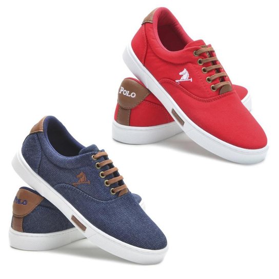 Kit 2 Pares Sapatênis Polo Joy Lona Casual Confort - Vermelho