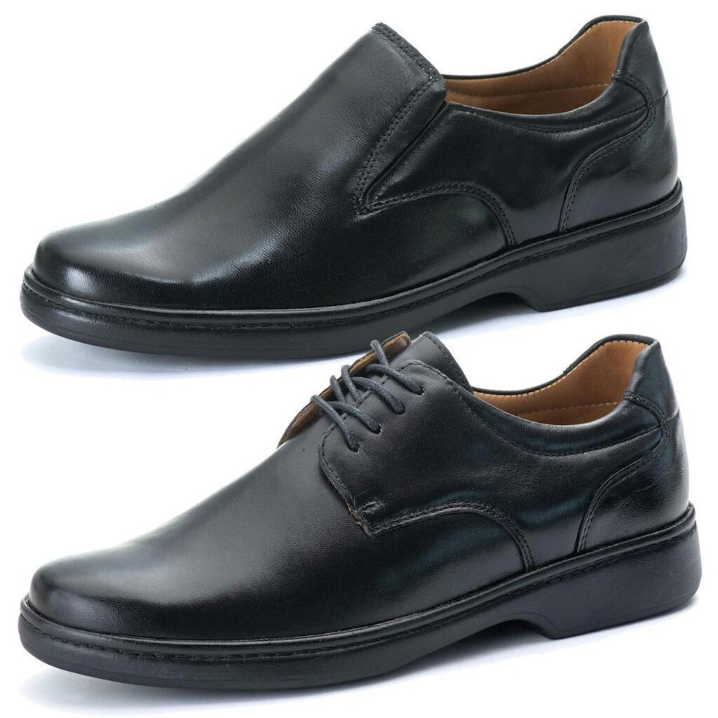 Kit 2 Pares Sapato Comfort Em Couro Preto/Preto