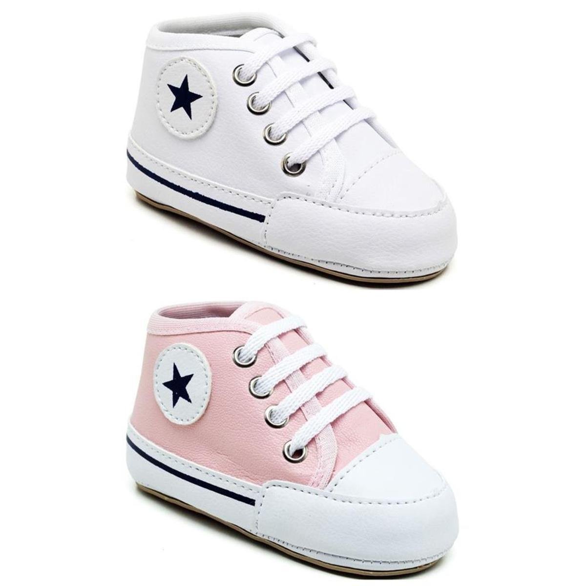 Kit 2 Pares Tênis Bebê Menina Cadarço Estrela Casual - Branco+Rosa | Zattini