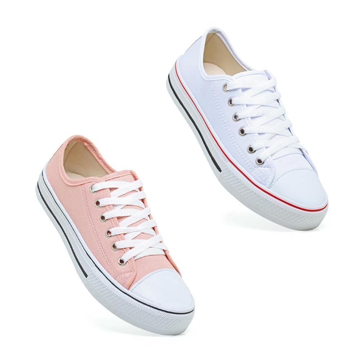 Kit 2 Pares Tênis Estilo Conforto Leve Esporte - Branco+Rosa Menor preço em Kit 2 Pares Tênis Estilo Conforto Leve Esporte - Branco+Rosa