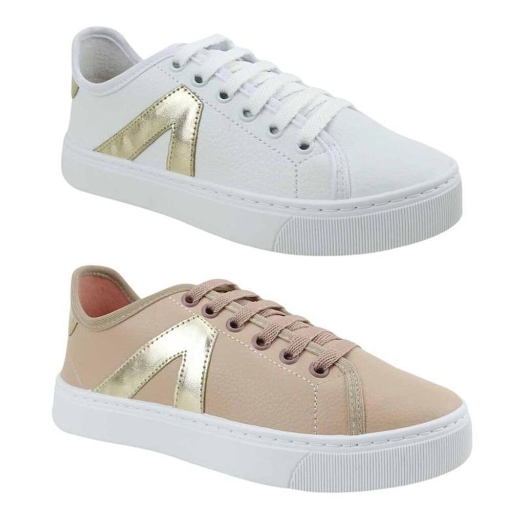 Kit 2 Pares Tênis Feminino De Amarrar Detalhe Lateral Dia A Dia