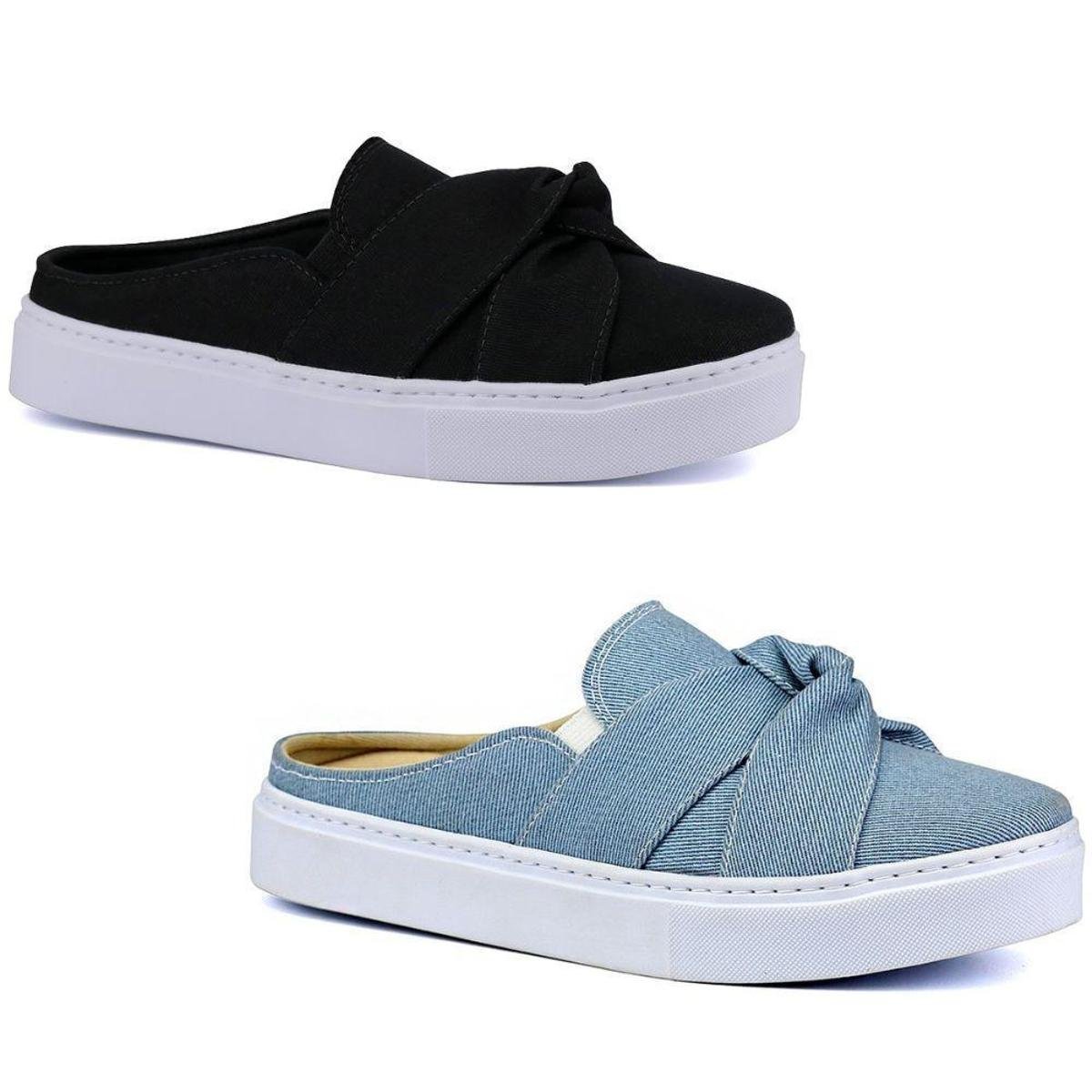 Kit 2 Pares Tênis Feminino Mule Casual Slip On Laço Fashion Style Confortável Menor preço em Kit 2 Pares Tênis Feminino Mule Casual Slip On Laço Fashion Style Confortável