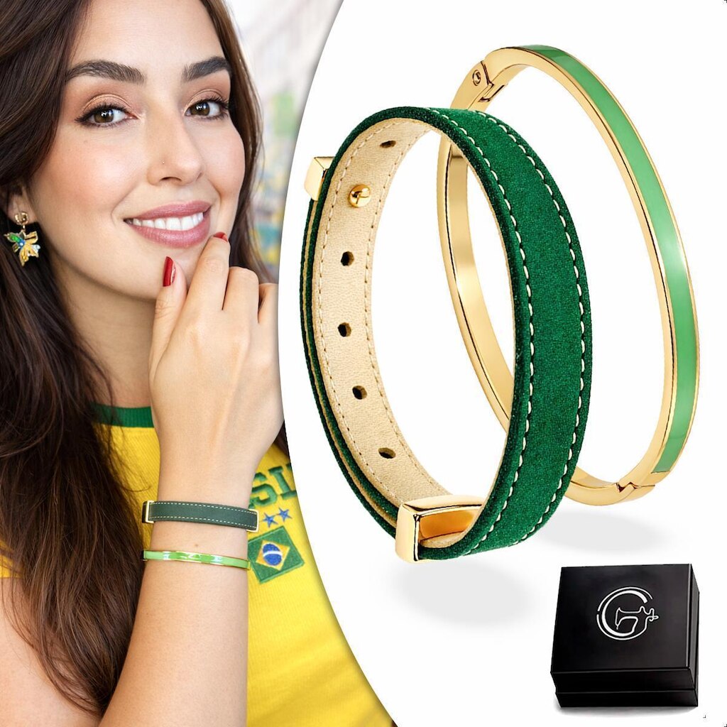 Kit 2 Peças Pulseira Copa Brasil Couro Bracelete Ouro Verde e Amarelo