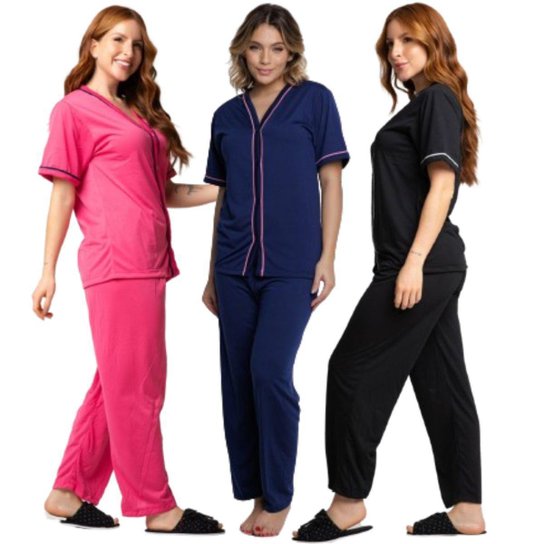 KIT 2 Pijama Blogueira Manga Curta Bella Fiore Botões Roupa Para Dormir Inverno Linha Noite