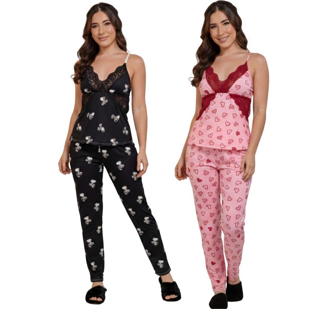 KIT 2 Pijama Feminino Longo Suede Feminino Vekyo Manga Curta Alça Inverno Meia Estação Linha Noite