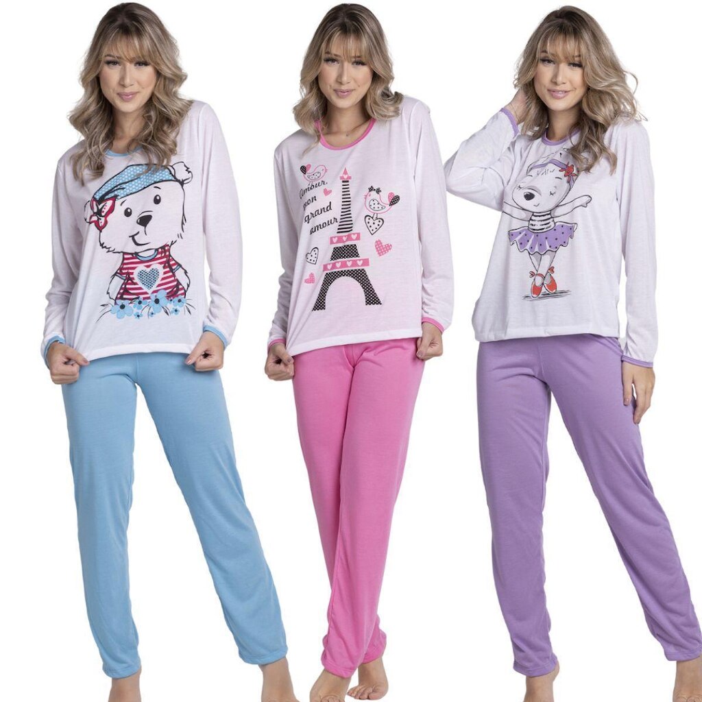 KIT 2 Pijama Longo Malha Estampada Bella Fiore Inverno Roupa Para Dormir Frio Linha Noite