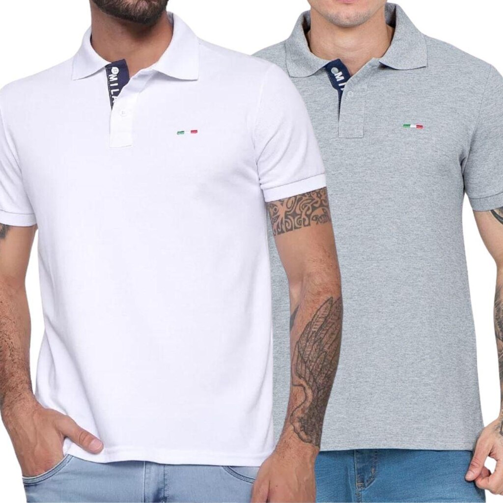Kit 2 Polos FMF Masculina Básicas Piquet no Estilo Tommy Bordado Itália Branca Cinza