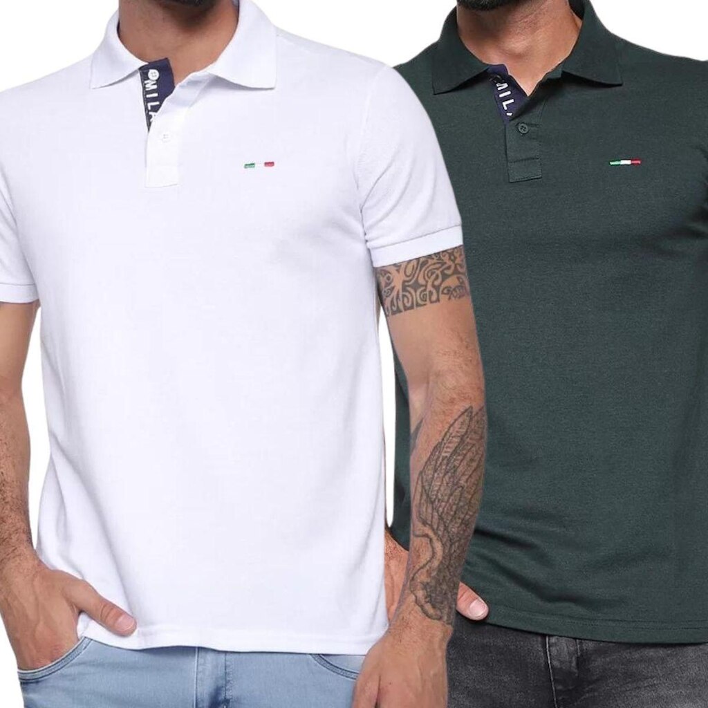 Kit 2 Polos FMF Masculina Básicas Piquet no Estilo Tommy Bordado Itália Branca Verde