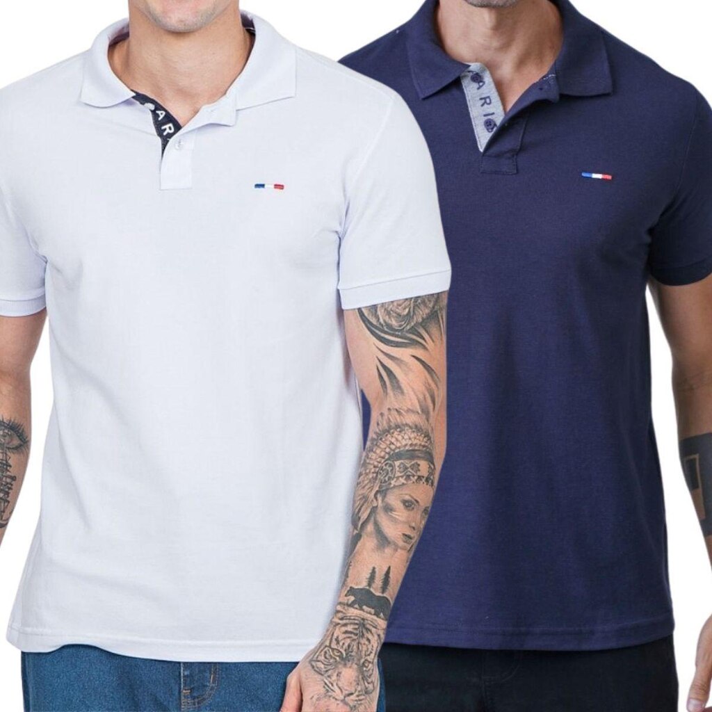 Kit 2 Polos Masculina Básicas FMF Branco e Marinho Bordado França