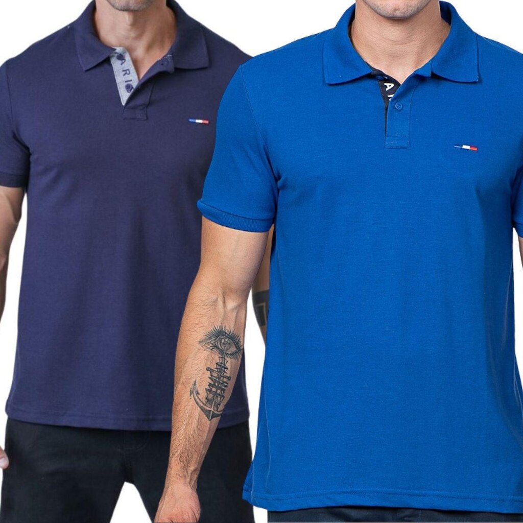 Kit 2 Polos Masculina Básicas FMF Marinho e Royal Bordado França