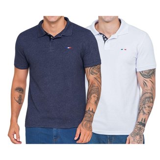 Kit 2 Polos Masculina Básicas Industrie Azul Jeans e Branco Piquet no Estilo Tommy Bordado França
