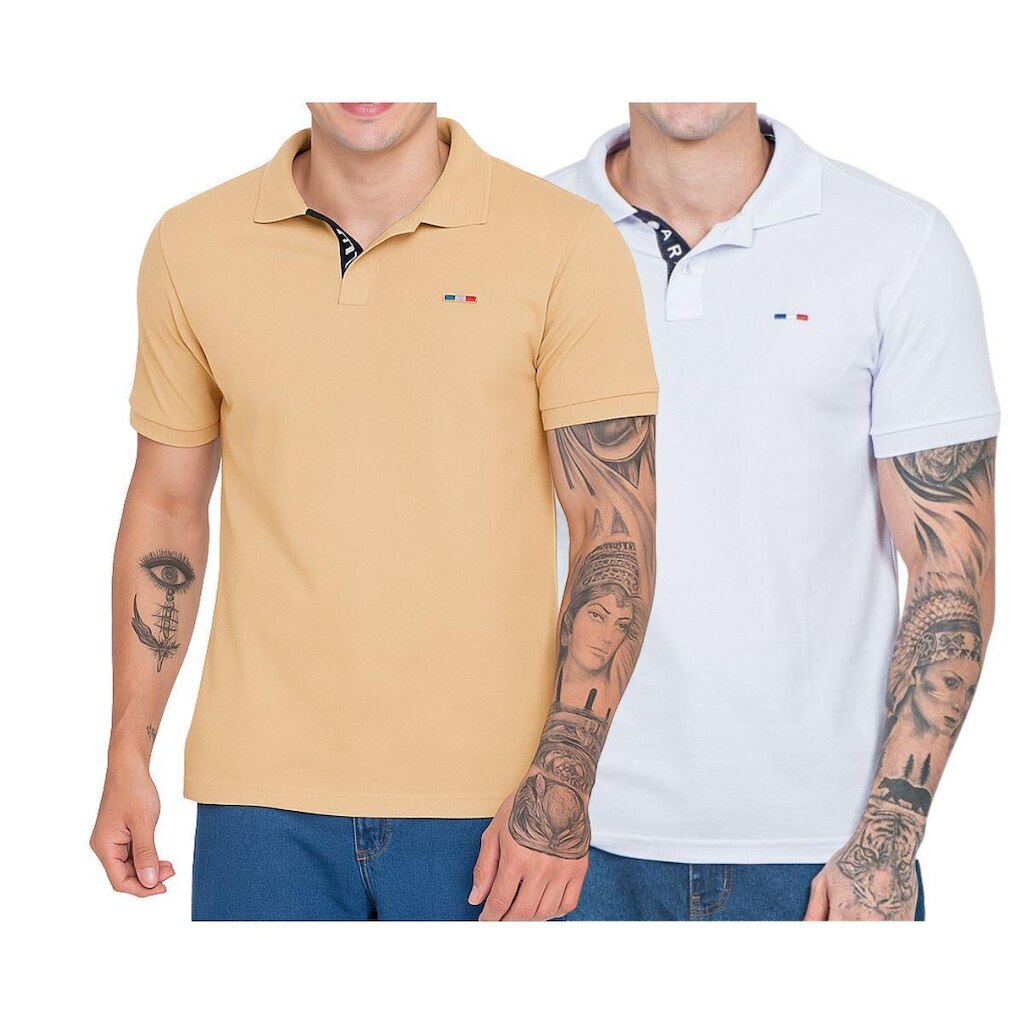 Kit 2 Polos Masculina Básicas Industrie Bege Claro e Branco Bordado França