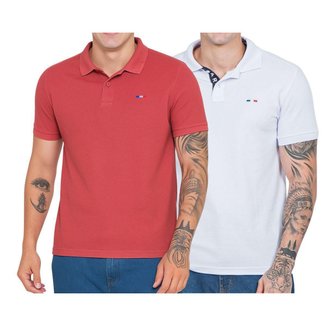 Kit 2 Polos Masculina Básicas Industrie Coral e Branco Piquet no Estilo Tommy Bordado França