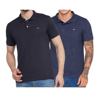 Kit 2 Polos Masculina Básicas Industrie Preto e Jeans Piquet no Estilo Tommy Bordado França