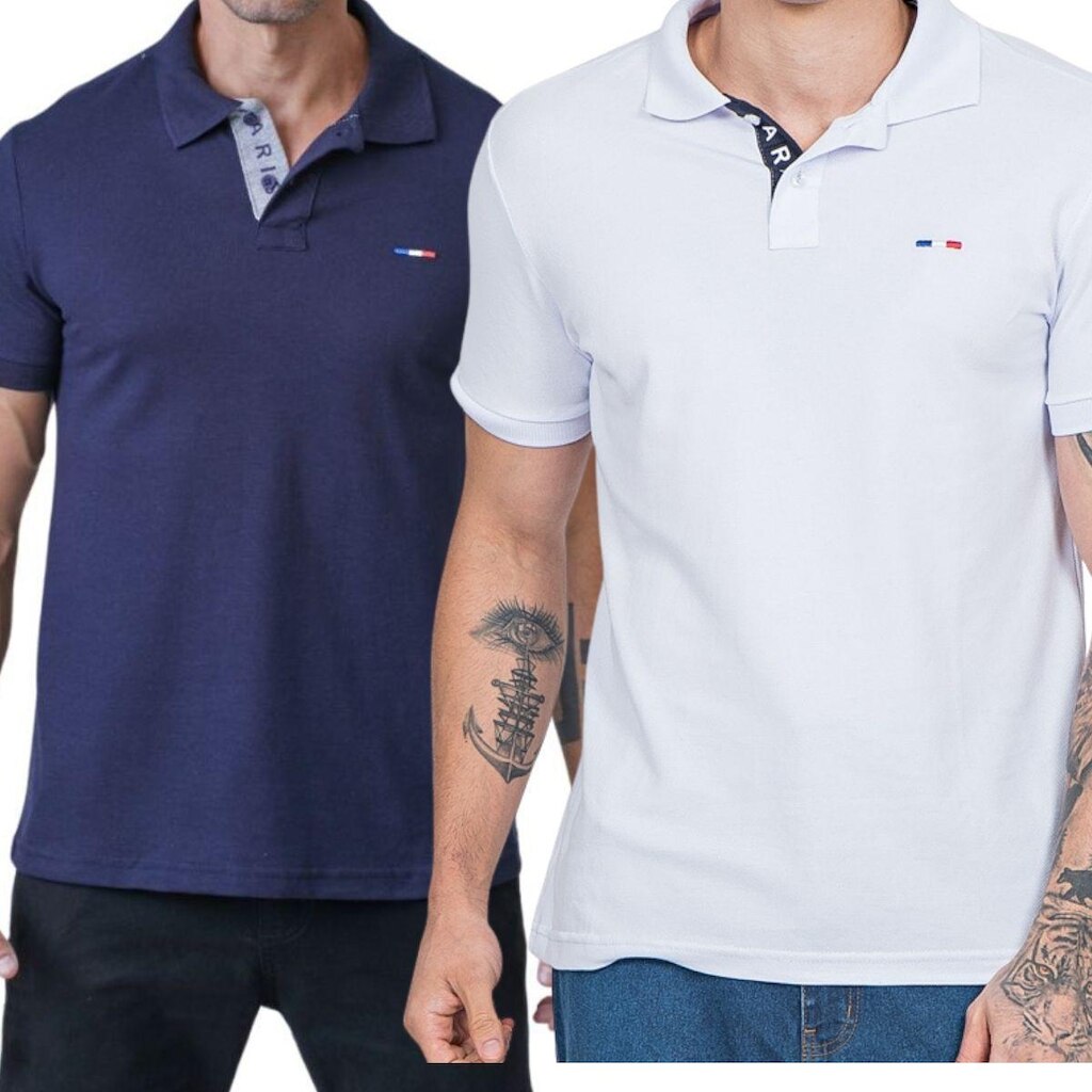 Kit 2 Polos Masculina Básicas Vih Triny Marinho e Branco Piquet França Bordado