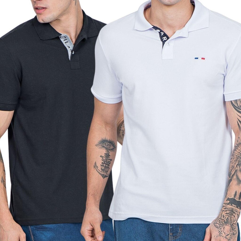 Kit 2 Polos Masculina Básicas Vih Triny Preto e Branco Piquet no Estilo Tommy Bordado França