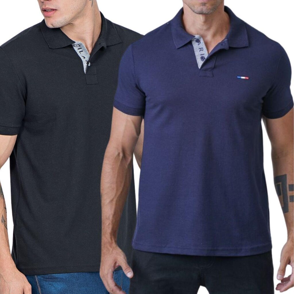 Kit 2 Polos Masculina Básicas Vih Triny Preto e Marinho Piquet França Bordado