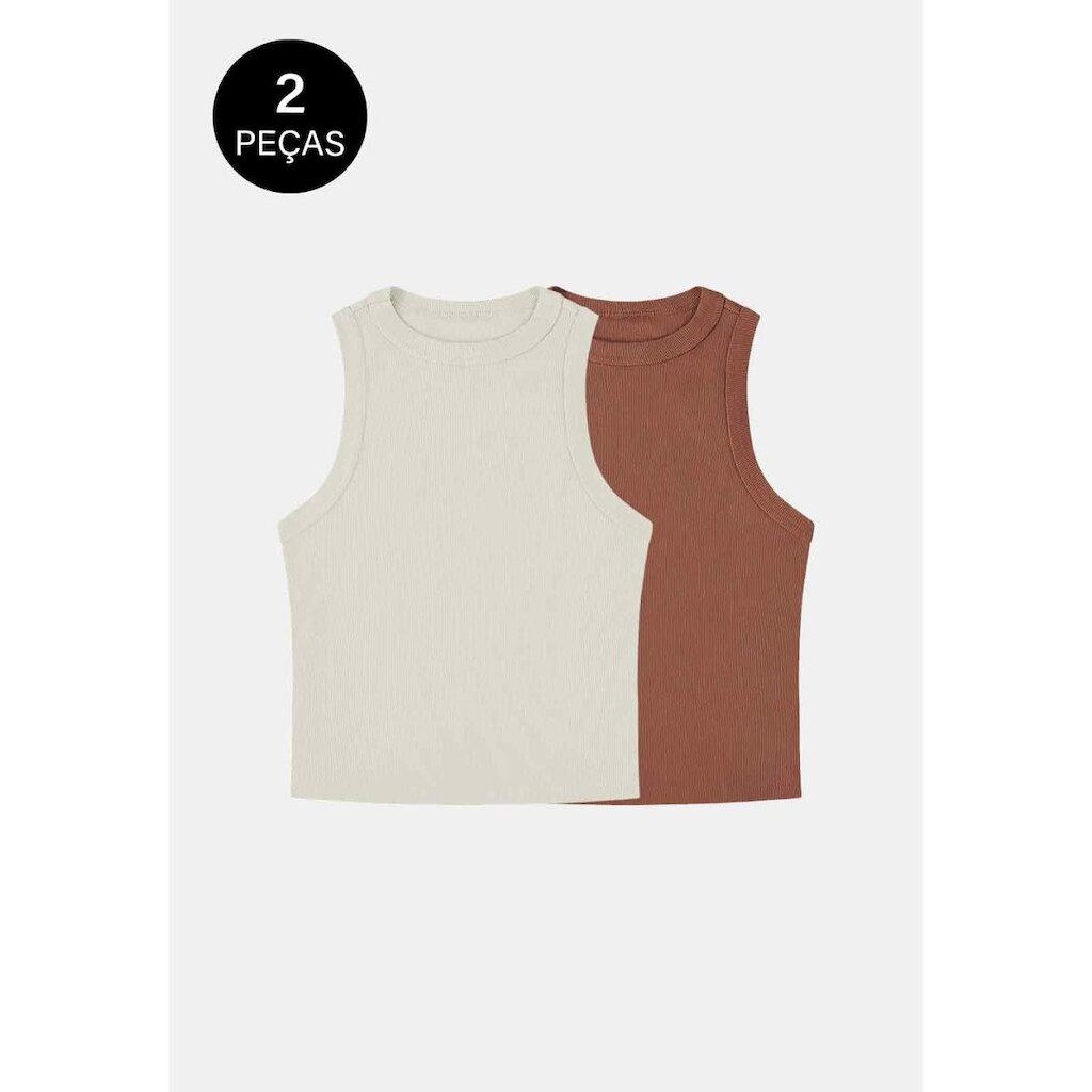 Kit 2 Regatas Canelada Confortável Feminina 100% Algodão Off-White e Bronze
