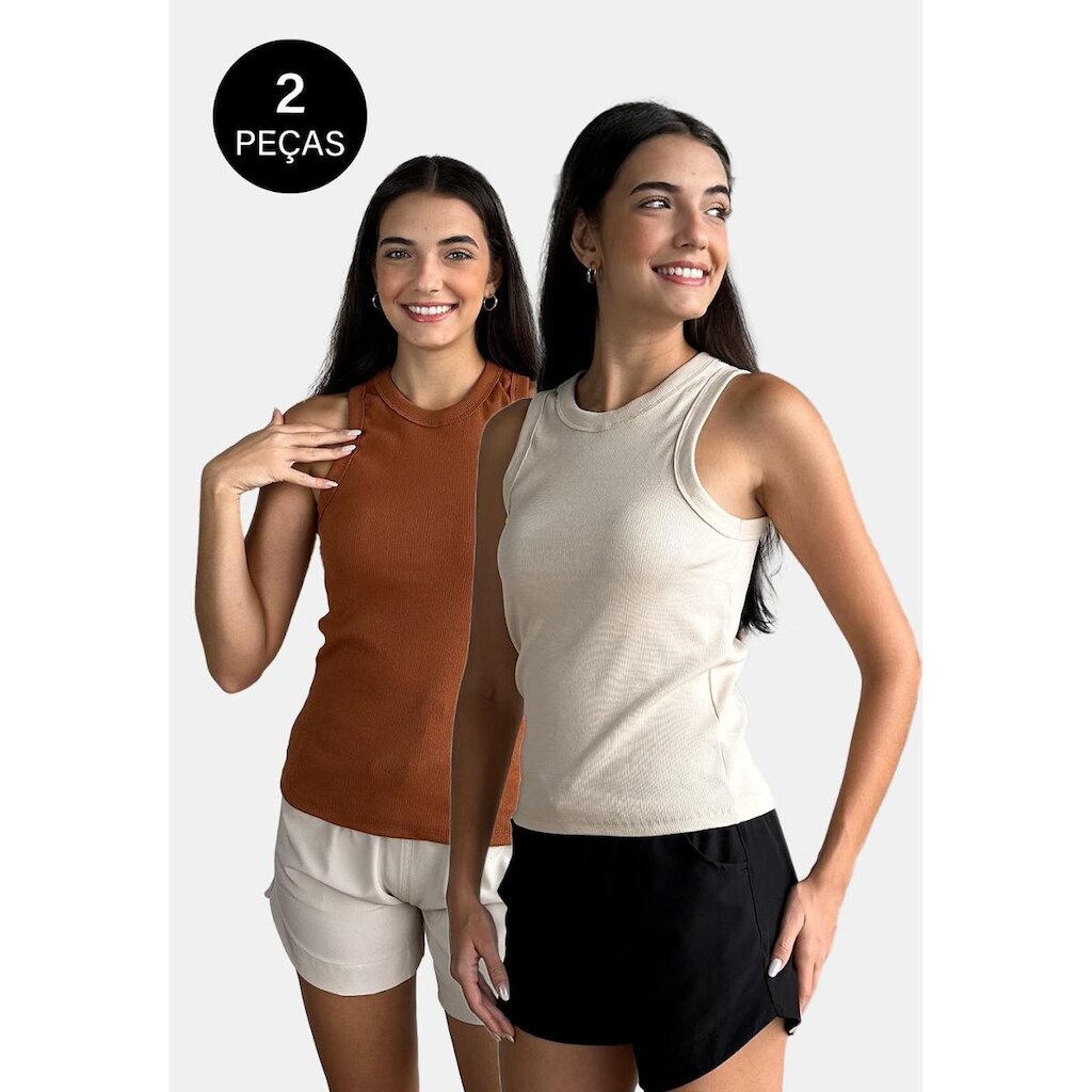 Kit 2 Regatas Canelada Confortável Feminina 100% Algodão Off-White e Bronze