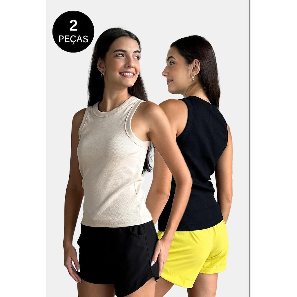 Kit 2 Regatas Canelada Confortável Feminina 100% Algodão Preto e Off-White