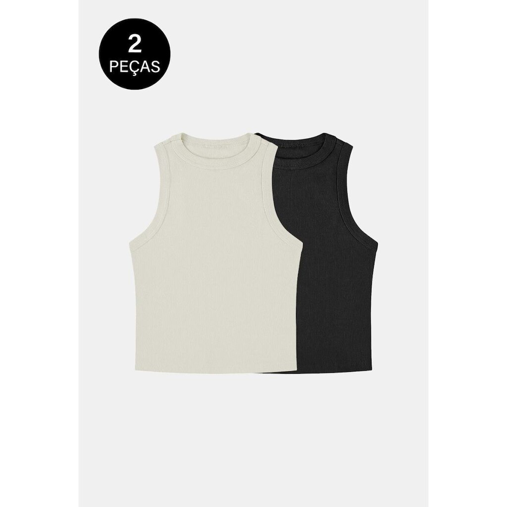 Kit 2 Regatas Canelada Confortável Feminina 100% Algodão Preto e Off-White