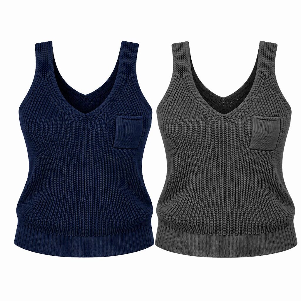 Kit 2 Regatas Femininas Tricô com Bolso Decote V Alça Larga Verão