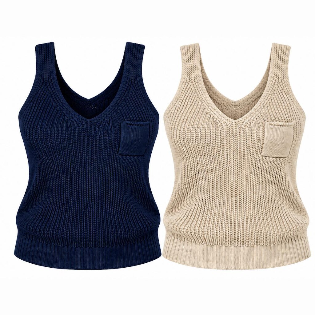 Kit 2 Regatas Femininas Tricô com Bolso Decote V Alça Larga Verão