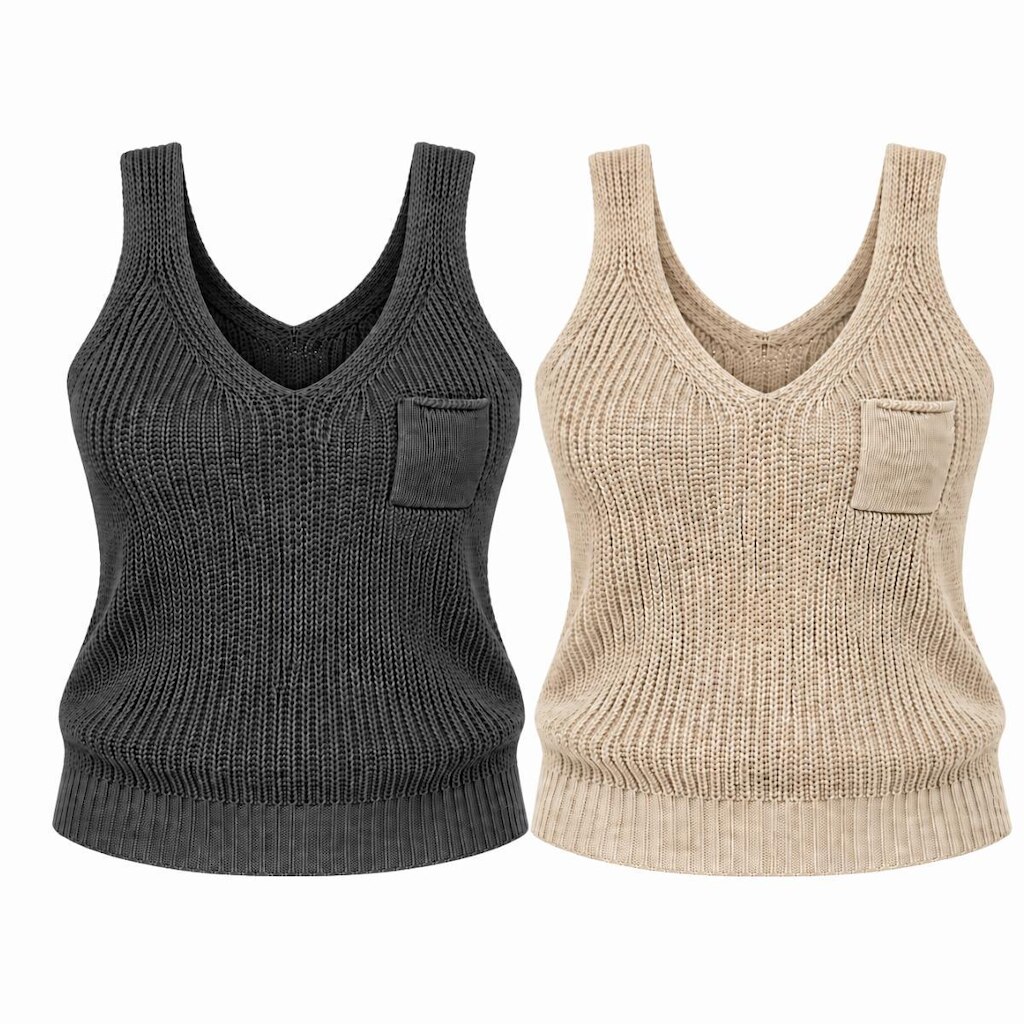 Kit 2 Regatas Femininas Tricô com Bolso Decote V Alça Larga Verão