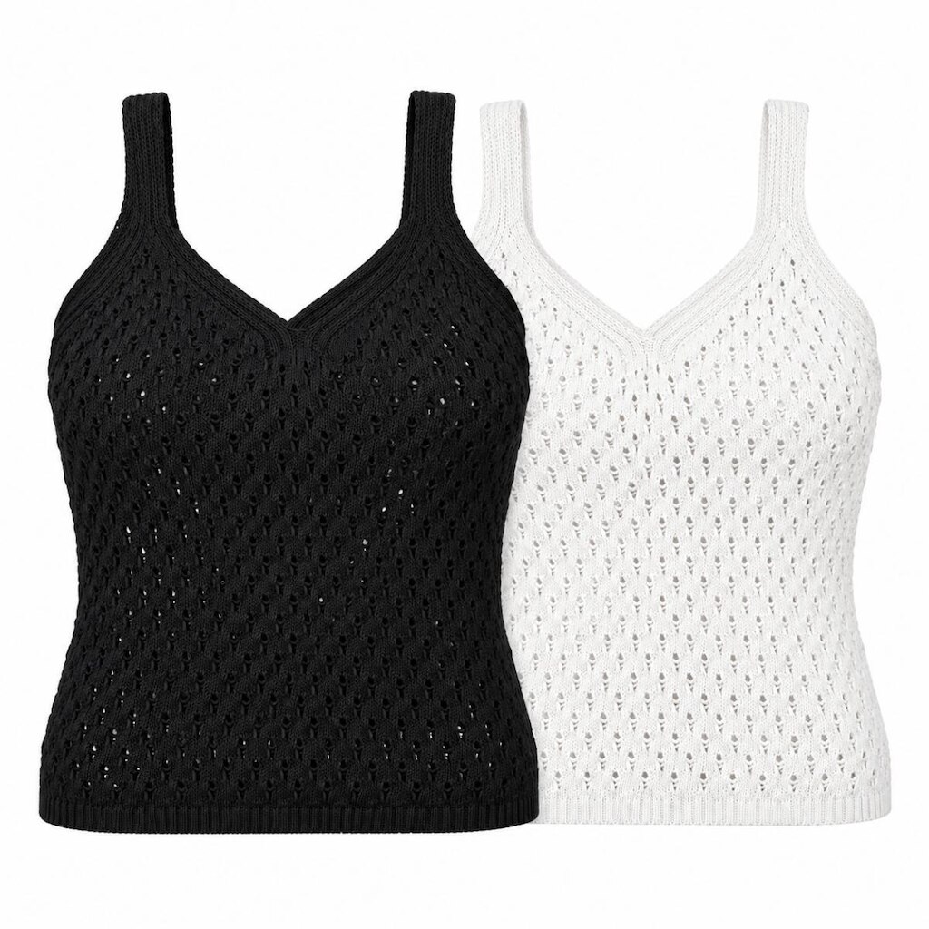 Kit 2 Regatas Femininas Tricô Furadinha Decote V Blusa de Alça Verão