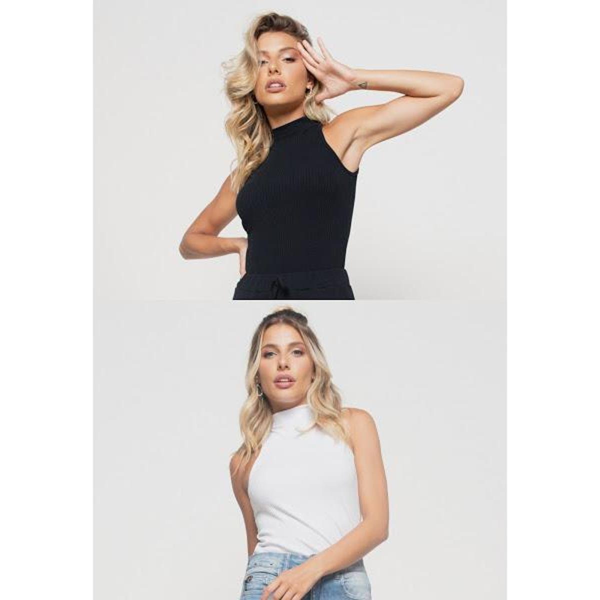 Kit 2 Regatas Salvatore Cava Americana Malha Canelada Feminino - Preto+Branco Menor preço em Kit 2 Regatas Salvatore Cava Americana Malha Canelada Feminino - Preto+Branco