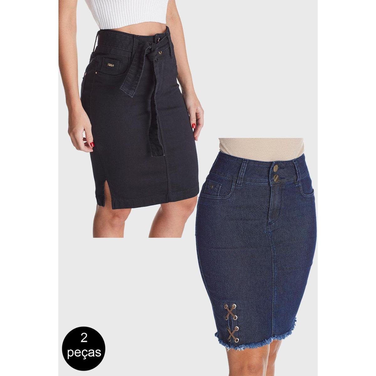 Kit 2 Saias Jeans HNO Jeans Evangélica Midi - Moda Evangélica - Preto Menor preço em Kit 2 Saias Jeans HNO Jeans Evangélica Midi - Moda Evangélica - Preto