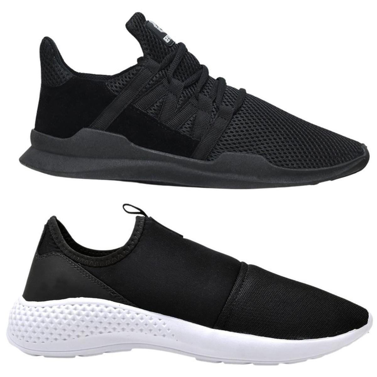Kit 2 Sapatilha Tênis Caminhada Corrida Academia Leve Macio Confortável - Preto Menor preço em Kit 2 Sapatilha Tênis Caminhada Corrida Academia Leve Macio Confortável - Preto