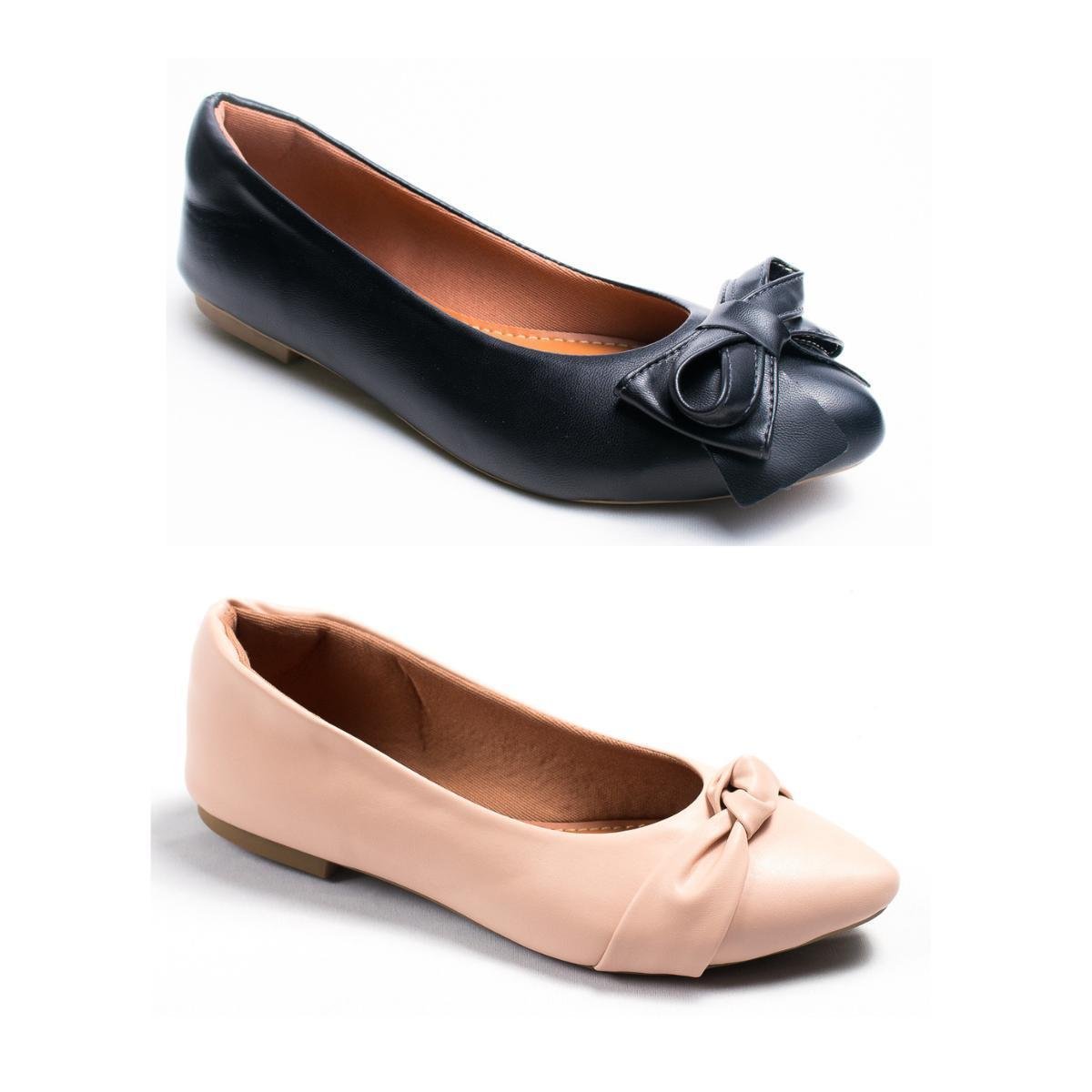 Kit 2 Sapatilhas Bico Fino Confortável Com Nó Laço Social - Nude+Preto Menor preço em Kit 2 Sapatilhas Bico Fino Confortável Com Nó Laço Social - Nude+Preto