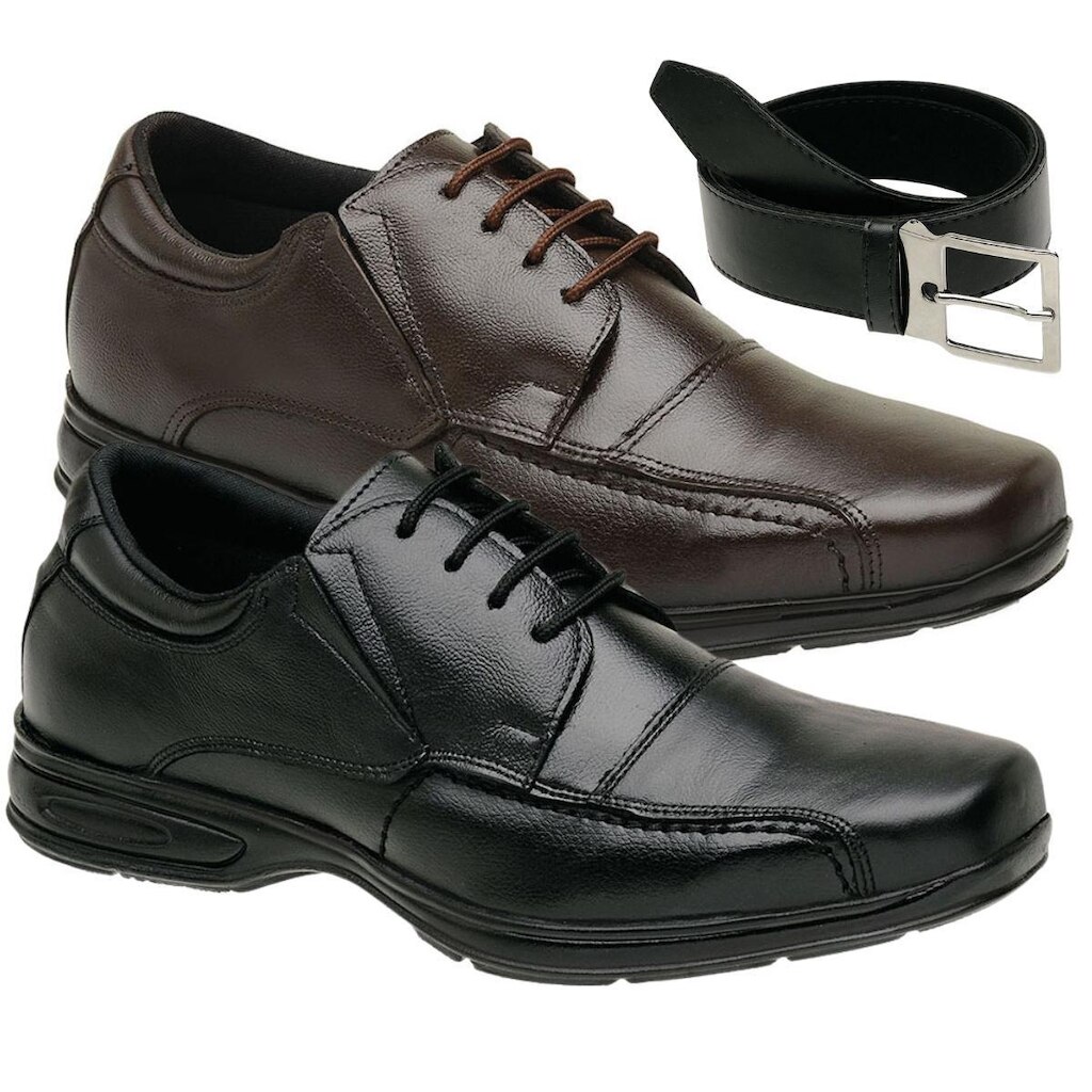 Kit 2 Sapato Casual Social Masculino Cadarço De Amarrar Couro + Cinto