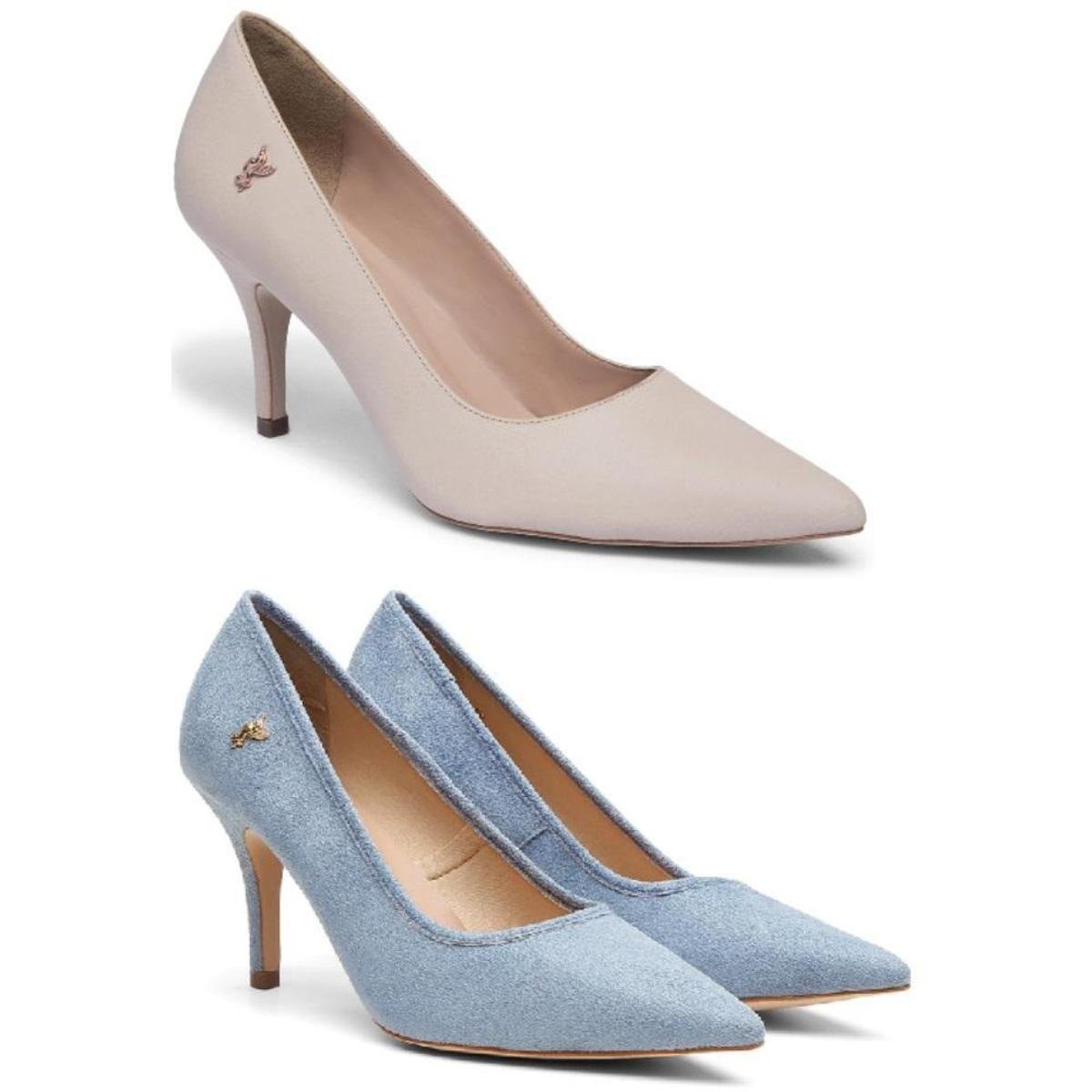 Kit 2 Scarpins Feminino Couro Bico Fino Salto Alto Conforto - Azul Menor preço em Kit 2 Scarpins Feminino Couro Bico Fino Salto Alto Conforto - Azul