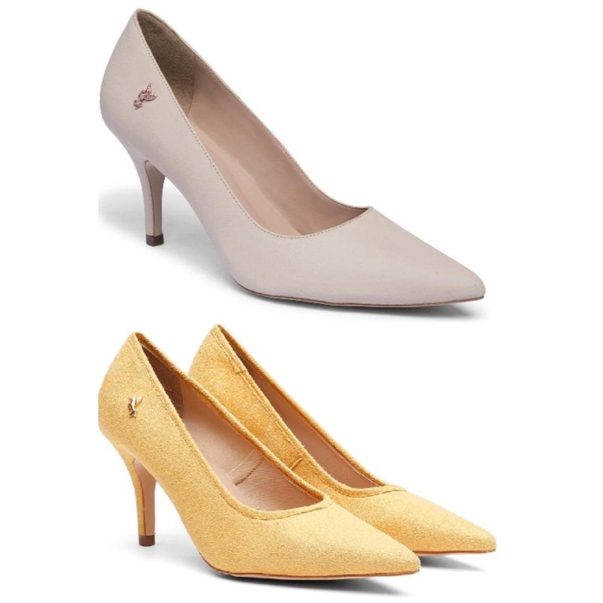 Kit 2 Scarpins Feminino Couro Bico Fino Salto Alto Conforto - Amarelo Menor preço em Kit 2 Scarpins Feminino Couro Bico Fino Salto Alto Conforto - Amarelo