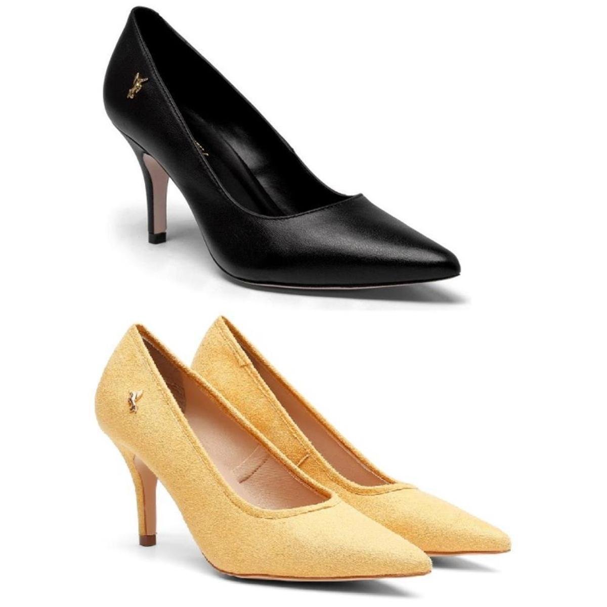 Kit 2 Scarpins Feminino Couro Bico Fino Salto Alto Conforto - Preto+Amarelo Menor preço em Kit 2 Scarpins Feminino Couro Bico Fino Salto Alto Conforto - Preto+Amarelo
