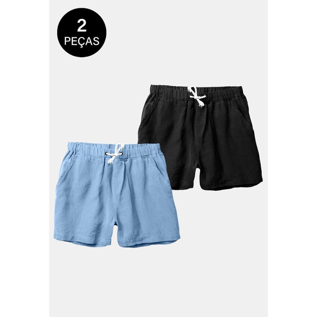 Kit 2 Shorts Linho Bermudas Masculino Praia Premium Preto e Azul