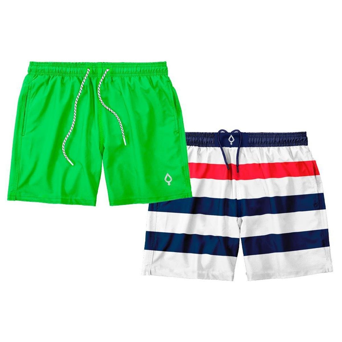 Kit 2 Shorts Resina Bermuda Praia Tactel Liso e Estampado Listrado Masculino Mauricinho - Azul+Verde Menor preço em Kit 2 Shorts Resina Bermuda Praia Tactel Liso e Estampado Listrado Masculino Mauricinho - Azul+Verde