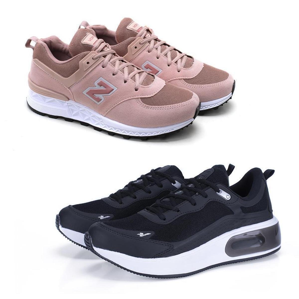 Kit 2 Tênis Caminhada Feminino Amortecimento Conforto Casual - Rosa+Preto Menor preço em Kit 2 Tênis Caminhada Feminino Amortecimento Conforto Casual - Rosa+Preto