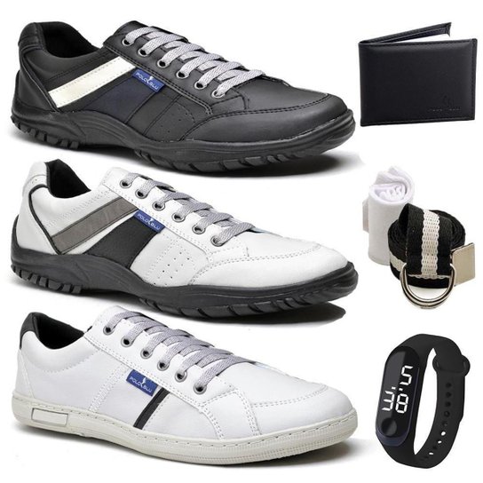 Kit 2 Tênis Casual + Sapatênis + Carteira + Acessórios - Preto+Cinza