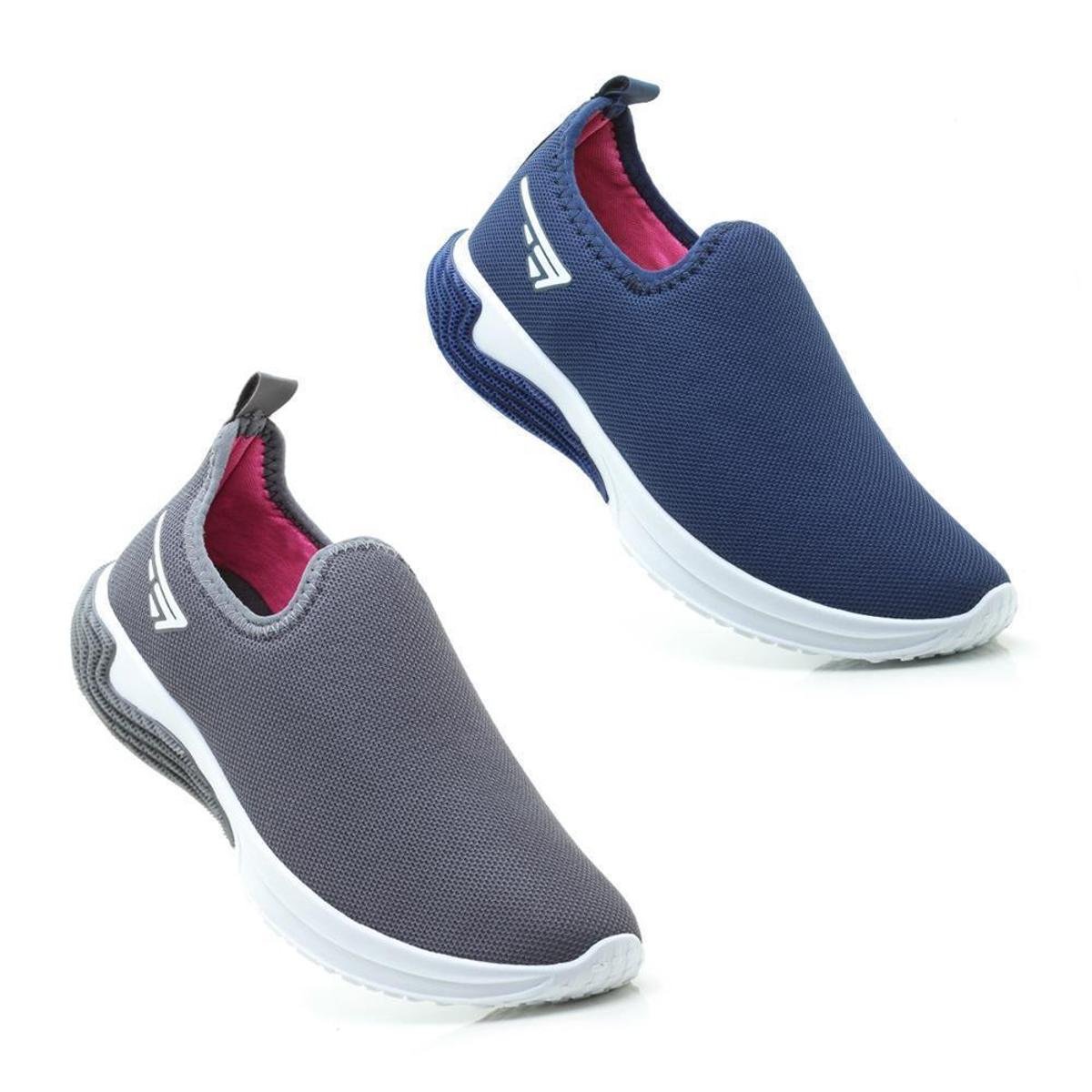 Kit 2 Tênis Esportivo Slip On Feminino Academia Fitness - Cinza+Azul Menor preço em Kit 2 Tênis Esportivo Slip On Feminino Academia Fitness - Cinza+Azul