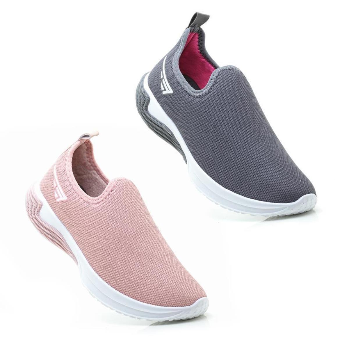 Kit 2 Tênis Esportivo Slip On Feminino Academia Fitness - Rosa+Cinza Menor preço em Kit 2 Tênis Esportivo Slip On Feminino Academia Fitness - Rosa+Cinza